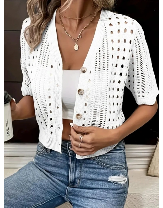 Kadın Kısa Kollu önden Düğmeli Kısa Triko Hırka