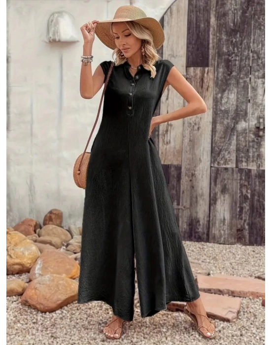 Kadın Kısa Kollu önden Düğmeli Paçaya Doğru Geniş Cepli Uzun Bürümcük Tulum