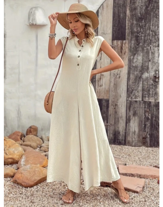 Kadın Kısa Kollu önden Düğmeli Paçaya Doğru Geniş Cepli Uzun Bürümcük Tulum