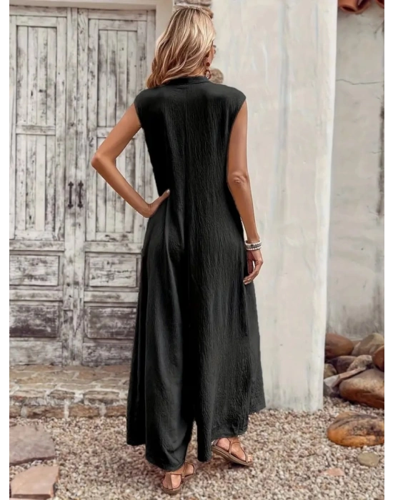 Kadın Kısa Kollu önden Düğmeli Paçaya Doğru Geniş Cepli Uzun Bürümcük Tulum