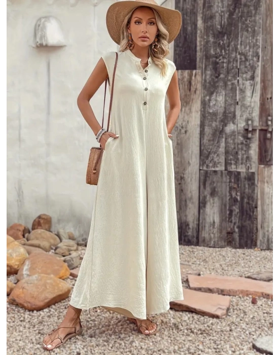 Kadın Kısa Kollu önden Düğmeli Paçaya Doğru Geniş Cepli Uzun Bürümcük Tulum