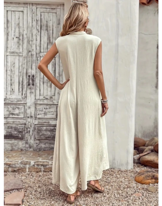 Kadın Kısa Kollu önden Düğmeli Paçaya Doğru Geniş Cepli Uzun Bürümcük Tulum