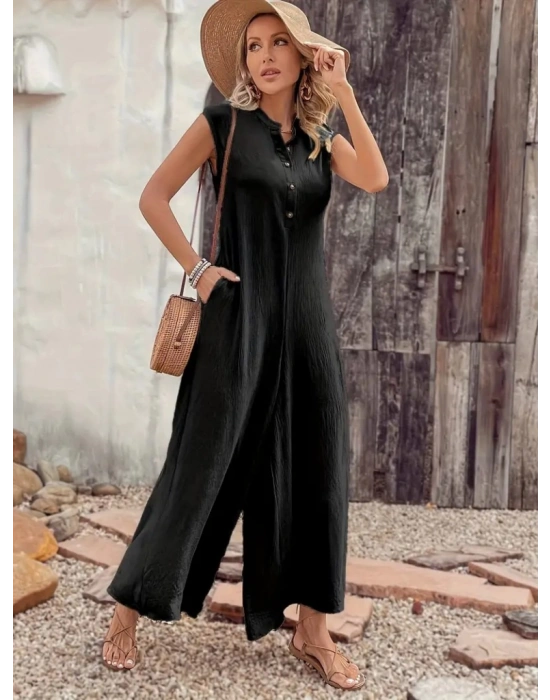 Kadın Kısa Kollu önden Düğmeli Paçaya Doğru Geniş Cepli Uzun Bürümcük Tulum