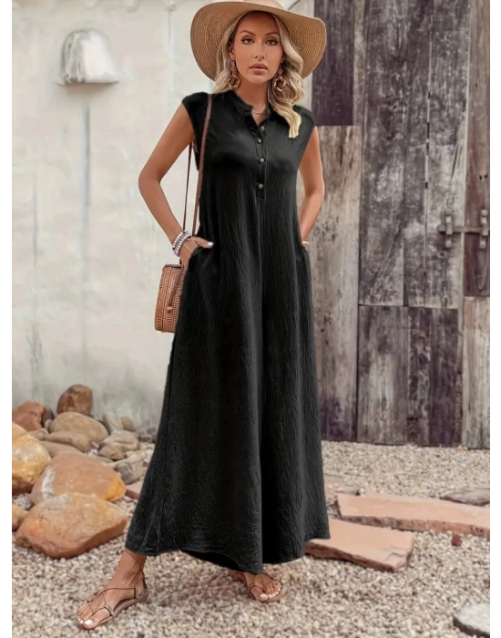 Kadın Kısa Kollu önden Düğmeli Paçaya Doğru Geniş Cepli Uzun Bürümcük Tulum