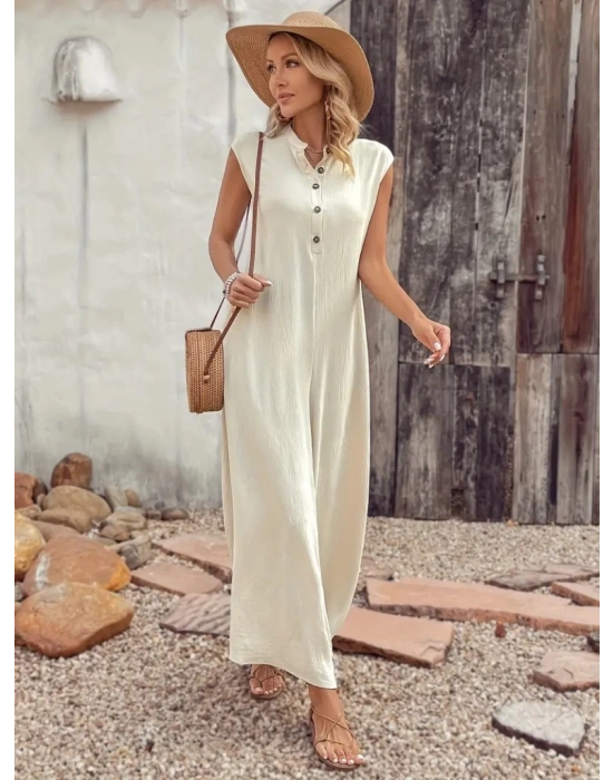 Kadın Kısa Kollu önden Düğmeli Paçaya Doğru Geniş Cepli Uzun Bürümcük Tulum