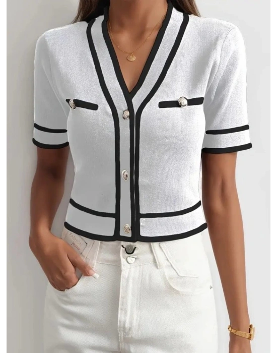 Kadın Kısa Kollu önden Düğmeli Triko Bluz
