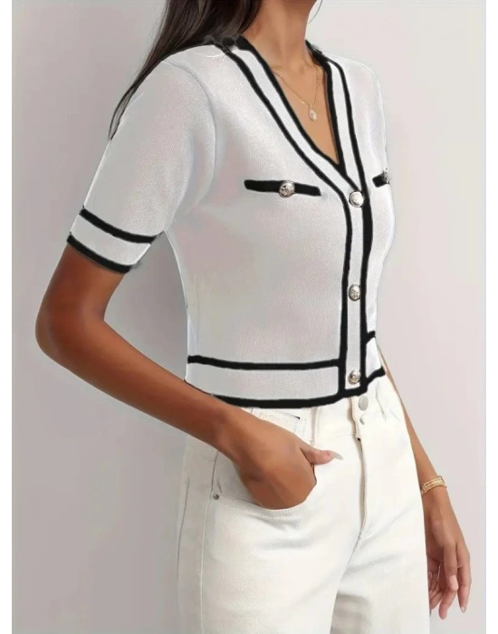 Kadın Kısa Kollu önden Düğmeli Triko Bluz
