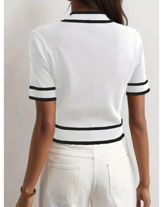 Kadın Kısa Kollu önden Düğmeli Triko Bluz