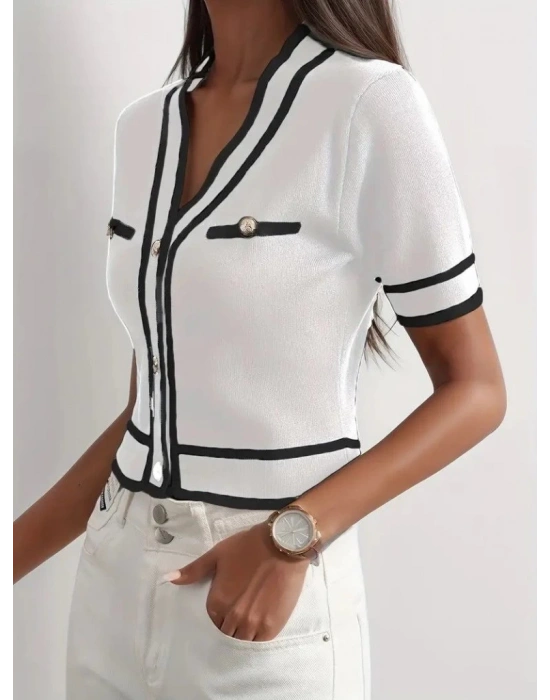 Kadın Kısa Kollu önden Düğmeli Triko Bluz