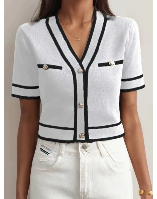 Kadın Kısa Kollu önden Düğmeli Triko Bluz