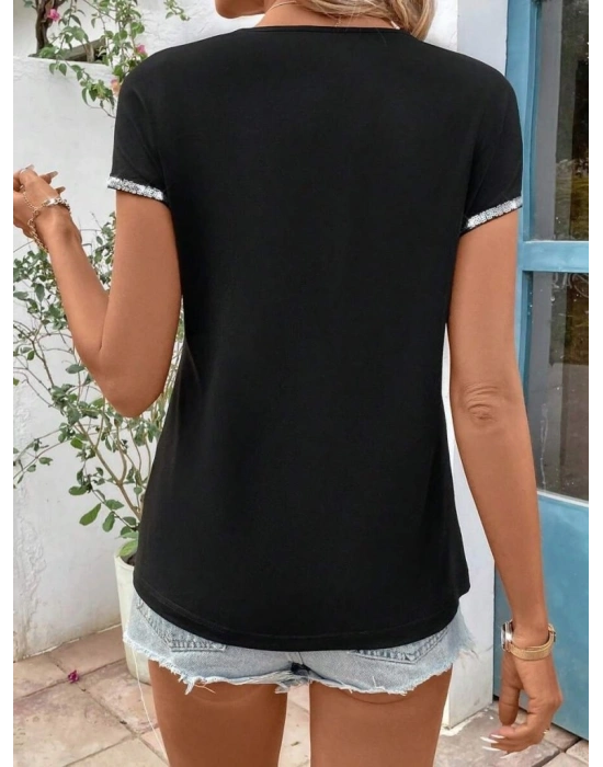 Kadın Kısa Kollu önden Fermuarlı Kol Ucu ışıltılı Viskon Bluz