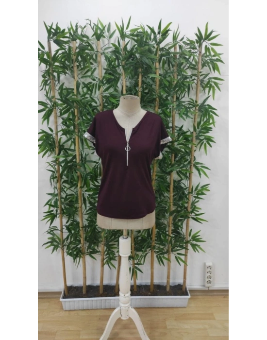 Kadın Kısa Kollu önden Fermuarlı Kol Ucu ışıltılı Viskon Bluz