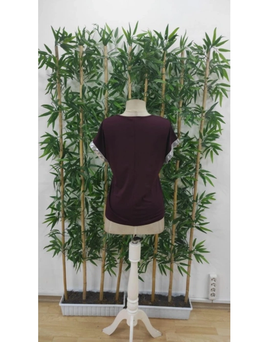 Kadın Kısa Kollu önden Fermuarlı Kol Ucu ışıltılı Viskon Bluz