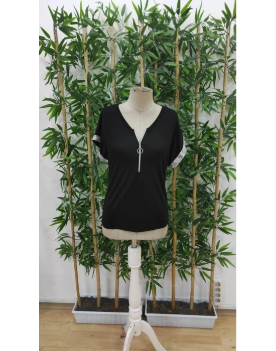 Kadın Kısa Kollu önden Fermuarlı Kol Ucu ışıltılı Viskon Bluz