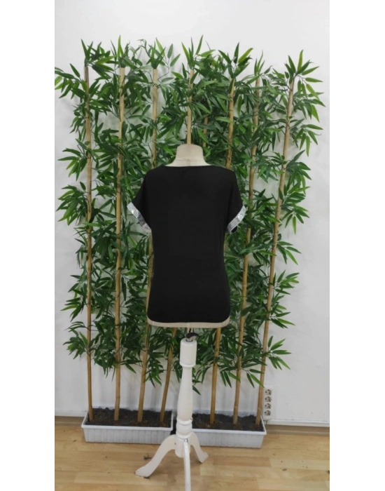 Kadın Kısa Kollu önden Fermuarlı Kol Ucu ışıltılı Viskon Bluz