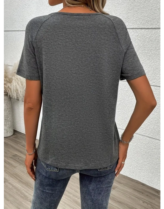 Kadın Kısa Kollu önden Fermuarlı Yazı Baskılı Viskon Bluz