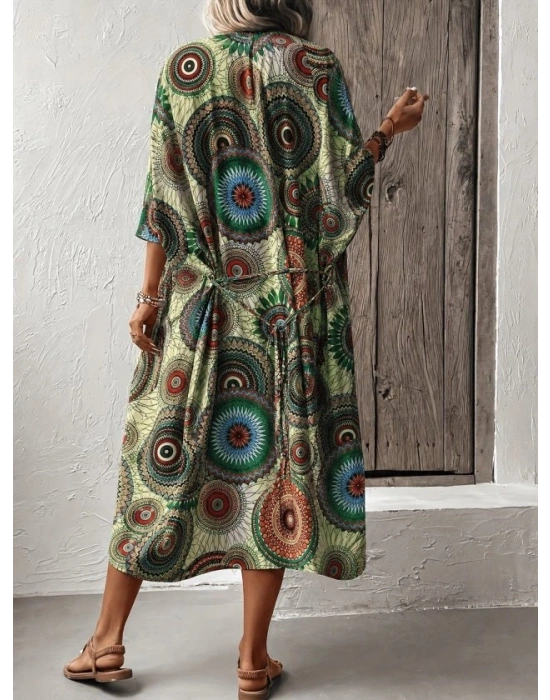 Kadın Kısa Kollu önü Açık Belden Kuşaklı Uzun Kimono