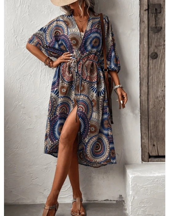 Kadın Kısa Kollu önü Açık Belden Kuşaklı Uzun Kimono