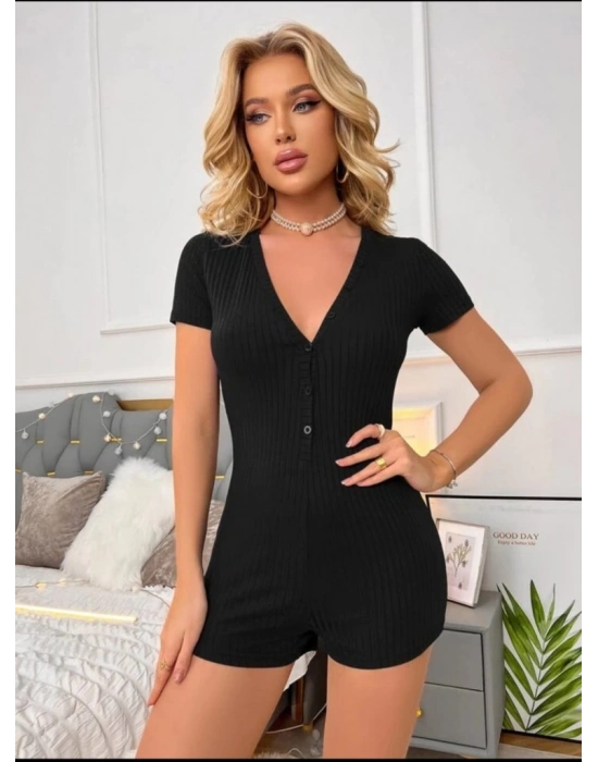 Kadın Kısa Kollu önü Düğmeli Mini Bodycon Fitilli Kaşkorse Tulum