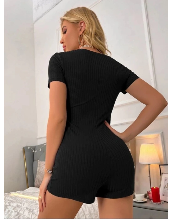 Kadın Kısa Kollu önü Düğmeli Mini Bodycon Fitilli Kaşkorse Tulum