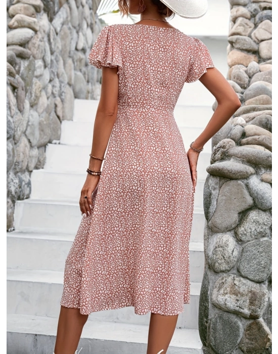 Kadın Kısa Kollu önü Düğmeli Volanlı Minik Leopar Desen Midi Viskon Elbise