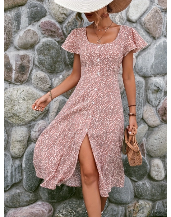 Kadın Kısa Kollu önü Düğmeli Volanlı Minik Leopar Desen Midi Viskon Elbise