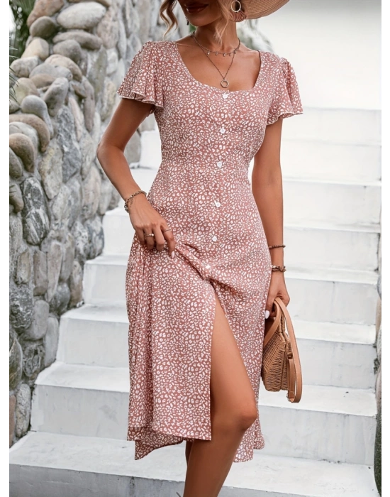 Kadın Kısa Kollu önü Düğmeli Volanlı Minik Leopar Desen Midi Viskon Elbise