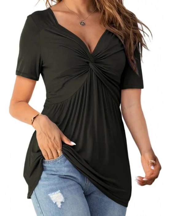 Kadın Kısa Kollu önü Düğüm Detay Viskon Bluz