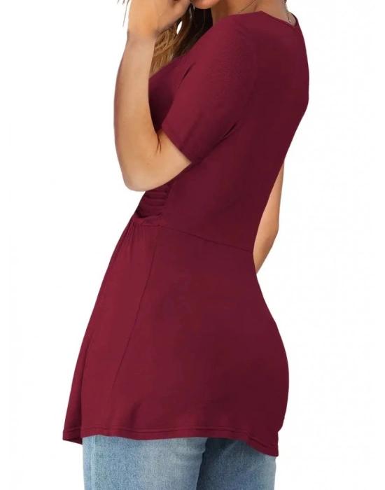 Kadın Kısa Kollu önü Düğüm Detay Viskon Bluz