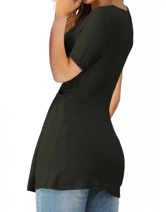 Kadın Kısa Kollu önü Düğüm Detay Viskon Bluz