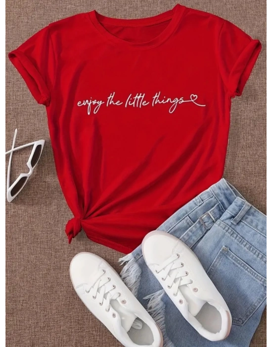 Kadın Kısa Kollu önü Yazı Baskılı Basic Süprem Bluz