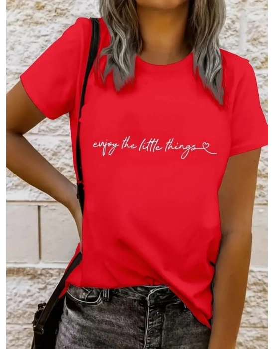 Kadın Kısa Kollu önü Yazı Baskılı Basic Süprem Bluz