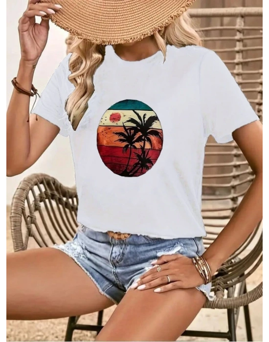 Kadın Kısa Kollu Palmiye Baskılı Viskon Tshirt