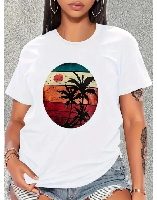 Kadın Kısa Kollu Palmiye Baskılı Viskon Tshirt