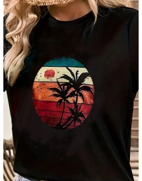 Kadın Kısa Kollu Palmiye Baskılı Viskon Tshirt