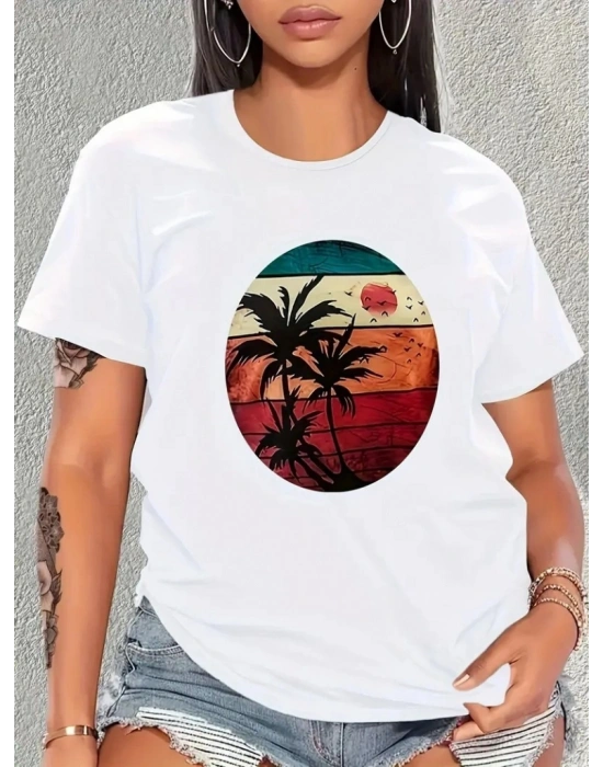 Kadın Kısa Kollu Palmiye Baskılı Viskon Tshirt