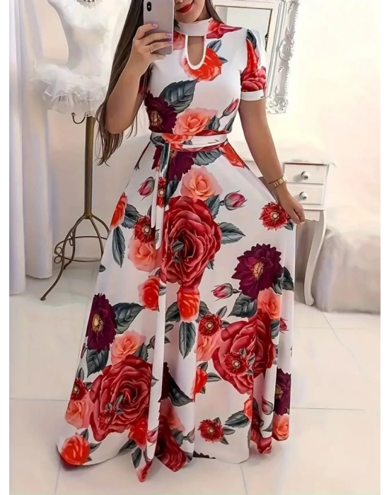 Kadın Kısa Kollu Pencere Detay Gül Baskılı Tam Boy Kiloş Elbise