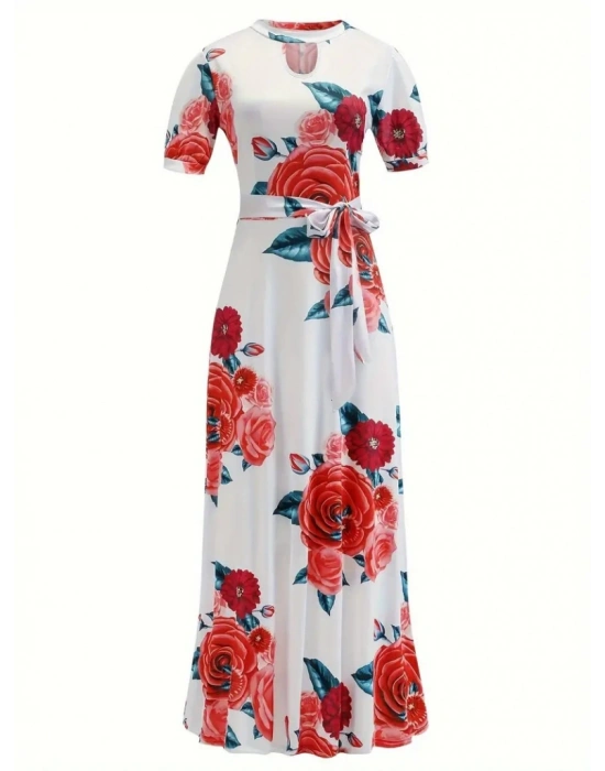 Kadın Kısa Kollu Pencere Detay Gül Baskılı Tam Boy Kiloş Elbise