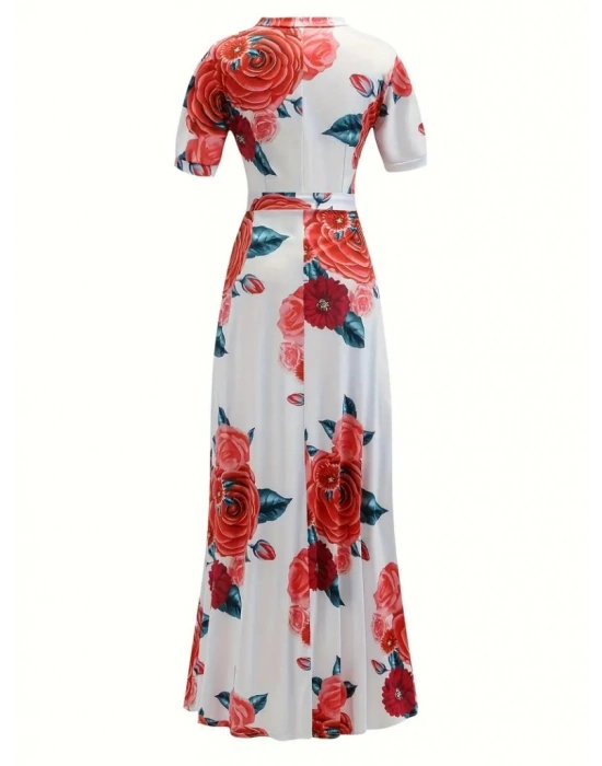 Kadın Kısa Kollu Pencere Detay Gül Baskılı Tam Boy Kiloş Elbise