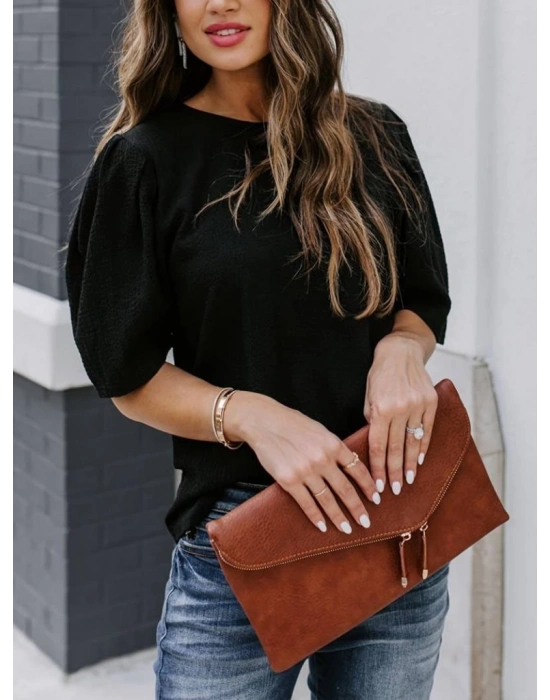 Kadın Kısa Kollu Pileli Balon Kol Bürümcük Bluz