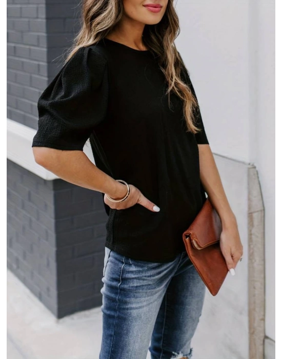 Kadın Kısa Kollu Pileli Balon Kol Bürümcük Bluz