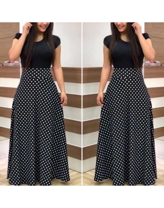 Kadın Kısa Kollu Puan Desen Tam Boy Krep Elbise