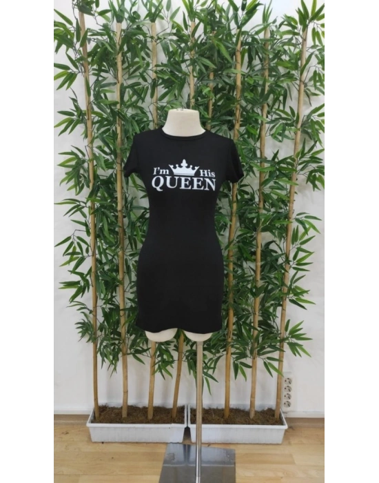 Kadın Kısa Kollu Queen Baskı Iki Iplik Mini Elbise