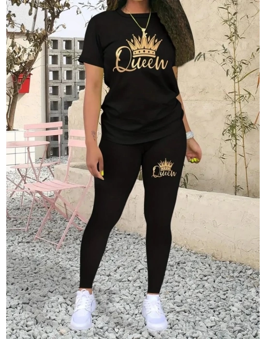 Kadın Kısa Kollu Queen Baskı Viskon Ikili Takım