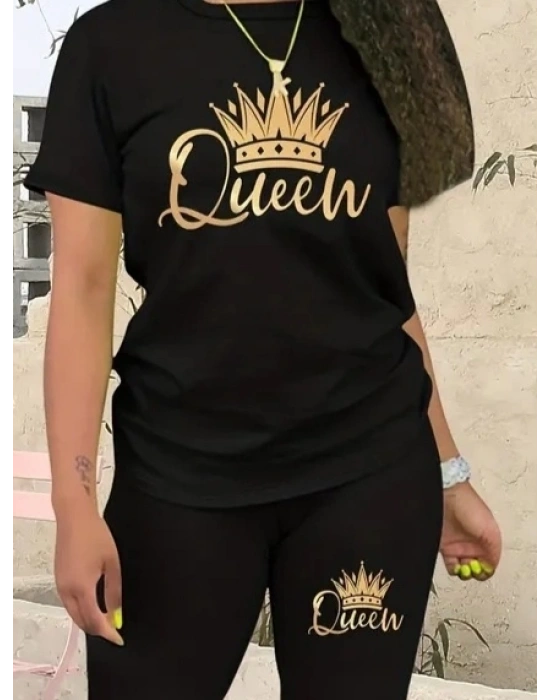 Kadın Kısa Kollu Queen Baskı Viskon Ikili Takım