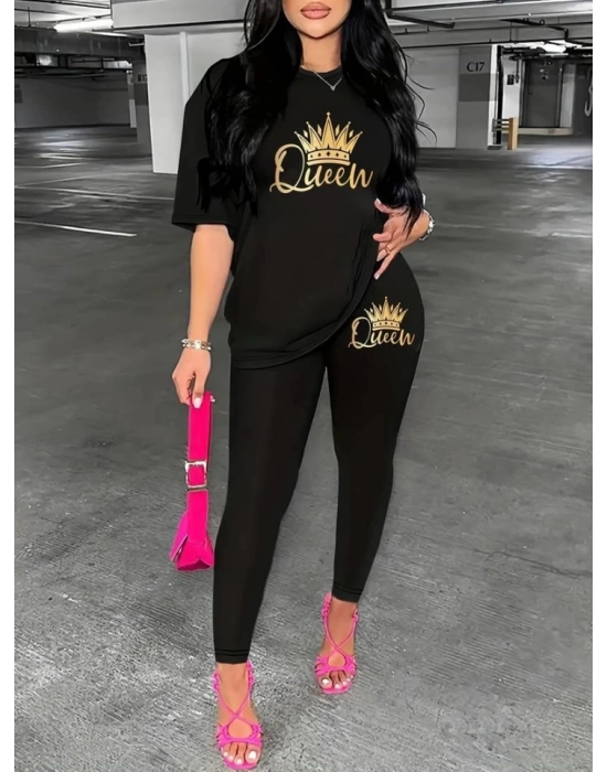 Kadın Kısa Kollu Queen Baskı Viskon Ikili Takım