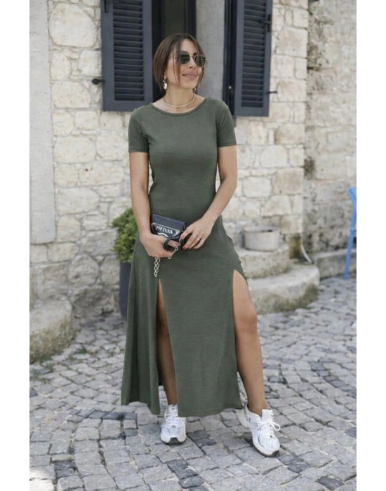 Kadın Kısa Kollu Sırt Dekolteli Yırtmaç Detaylı Viskon Elbise