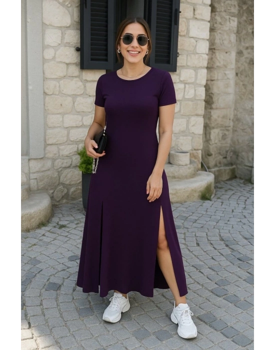 Kadın Kısa Kollu Sırt Dekolteli Yırtmaç Detaylı Viskon Elbise