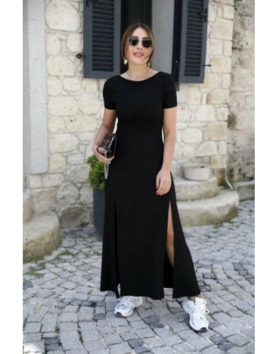 Kadın Kısa Kollu Sırt Dekolteli Yırtmaç Detaylı Viskon Elbise