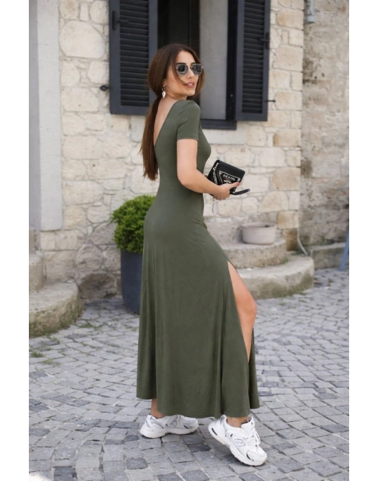 Kadın Kısa Kollu Sırt Dekolteli Yırtmaç Detaylı Viskon Elbise